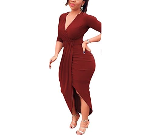 LANGLUO Women Long Sleeve V Neck Solid Color Pleated Split Bodycon Maxi Dress