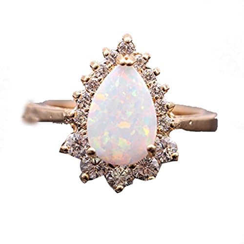 LOVE STUDIO,New Design Water Drop White Opal Ring Zircon Jewelry Ring 18K Gold Plated Ring (Ring Size 9)