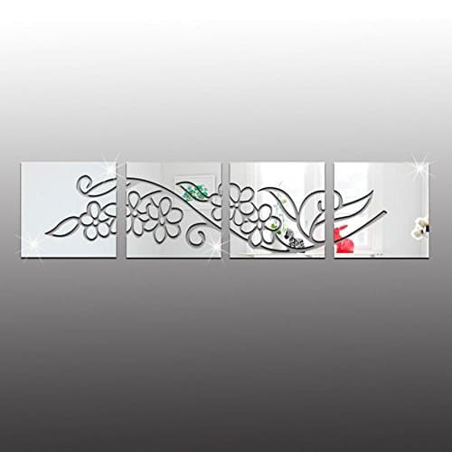 MAX&MT 1Set (4 pieces)3D Flower stitching Acrylic mirror wall stickers,28*28cm , silver