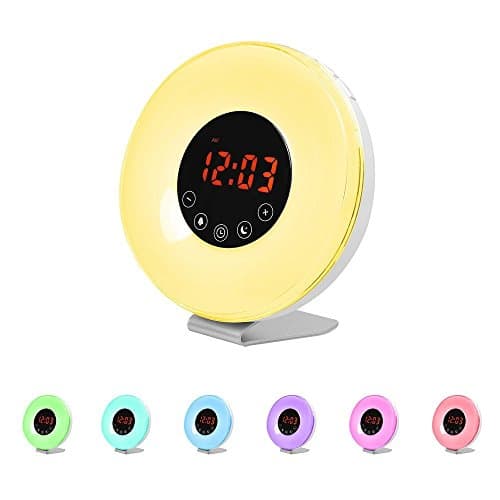 Wake Up Light, Chenci Sunrise Simulation Alarm Clock 7 colors Bedside Night Light with Sunset&amp;Snooze Function, Nature Sounds, 7 Alarm Sounds FM Radio, Touch Control and USB Charger