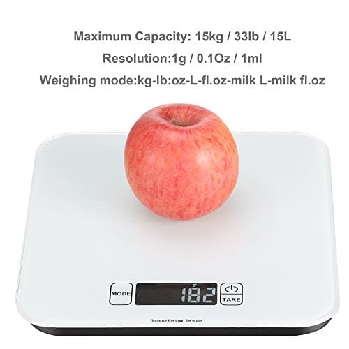Digital Kitchen Scales LCD Display Maximum Capacity 15kg &amp; Include Batteries, Clean Tempered Glass Food Scales with Various Weighing Mode