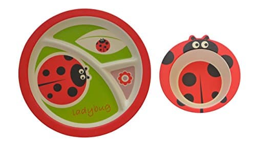 Kids Sectioned Plate &amp; Bowl Bundle – Made from Bamboo Fibre in Ladybird Design by Mini Mumbler® | Tableware | Dinnerware | Mealtimes | Weaning | Eco-Friendly