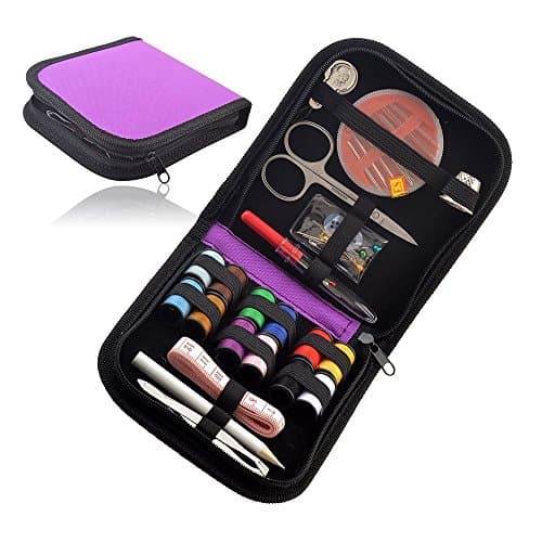 Erasky® Sewing Kit - Includes Scissors, Thimble, Thread, Needles, Tape Measure &amp; More in a Convenient Carrying Case! Perfect Basic Sewing Basket for Home, Travel, Camping &amp; Emergencies (Purple)