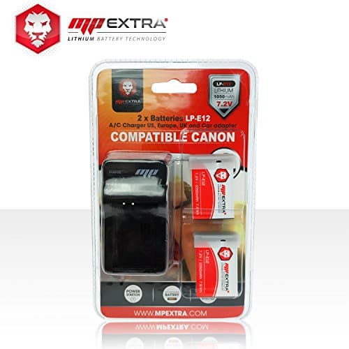 MP EXTRA LP-E12 batteries Pack 2 + Europe/US Adaptor + In Car Charger For Canon EOS Black