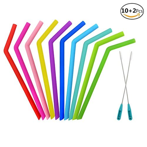 JUSLIN 10Pcs Reusable Angled Silicone Drinking Straws with 2 Cleaning Brushes, Assorted Color
