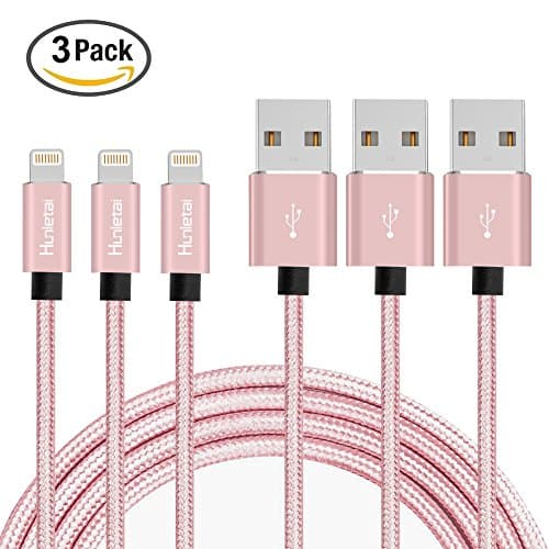Hunletai iPhone Cable [3-Pack 1M/3.3ft] Nylon Braided Lightning Cable Quick Charge and High Speed Data Sync for iPhone X /8 /8Plus /7 /7 Plus /6 Plus /6s /6s Plus /5 /SE, iPad Pro /Mini - Rose Gold