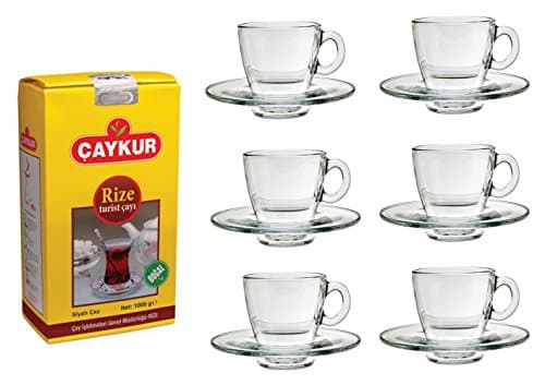 Combo pack 1: 6 Tea Glass Cup with Handle with Glass Saucer Pasabahce Aqua Set with 1kg Caykur Rize Turist Turkish Tea – Black Tea