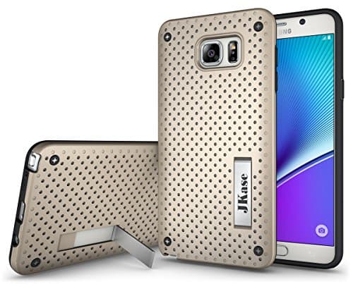 JKase [MESH] Protective Tough 2 Layers Armor Rugged Case Cover with Build-In Stand for Samsung Galaxy Note 5 (Gold)
