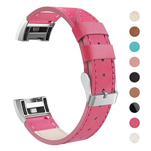 RETECK Fitbit Charge 2 Band Genuine Leather Strap, Classic Adjustable Replacement Wristband for Fitbit Charge 2 Women Men Accessories Small (5.5"-7.2") - Rose-carmine
