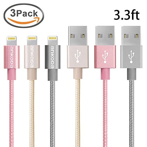Ankoda® 3Pack 3.3ft/1M Nylon Braided Lightning to USB Cable, Lightning Data Sync &amp; Charge USB Cable for iPhone SE 6S 6S Plus 6 6Plus 5S 5C 5, iPad Air Air 2 mini2 mini3 4th, iPod Nano, iPad Pro and More (Mix Color)