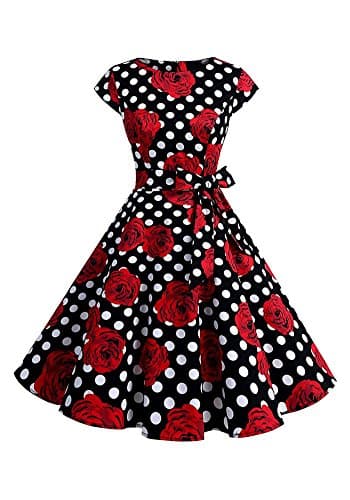 Siyu clothing Big Pendulum Wave Point Code Printed Cotton Skirt Elastic Restoration Hepburn Style Round Neck Dress (Black, XXL)