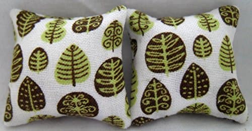 1/12th Scale Dolls House Cushions Leaf Pattern in Shades of Green
