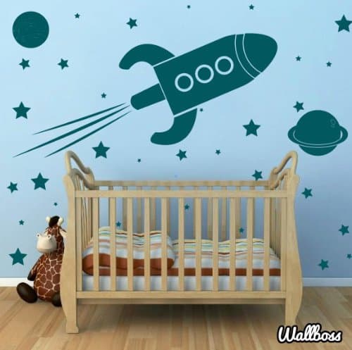 Large Rocket Ship Wall Stickers - Spaceship Planets Kids