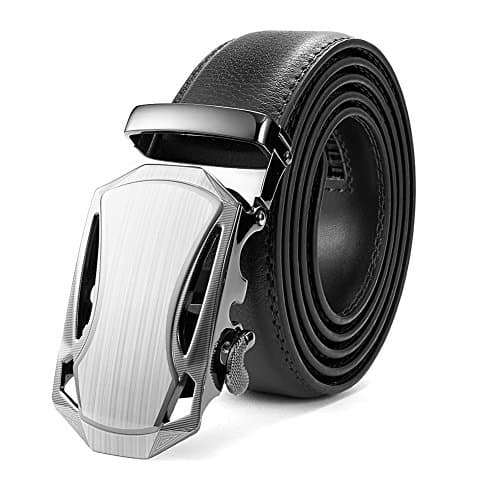 AKPOWER Men's Solid Buckle with Automatic Ratchet Black PU Leather Belt (3.5cm/1.38" width)