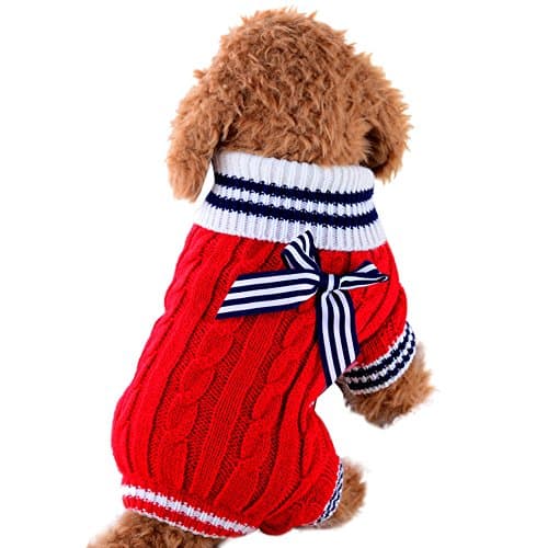 CHshe Small Teddy puppies Four Legs Bow Solid Winter Warm Acrylic Dog Coats Sweaters (M, Red)