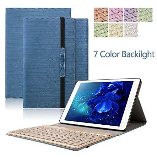 Ipad Air 2 Keyboard Backlit Case,Dingrich Elegant Apple ipad Air 2 Leather Case + Screen Protector + Stylus Folding ipad Cases With Removable Silm 7 colors Backlit Bluetooth Keyboard Smart Filp Portfolio Stand Case Cover Sleeve for Ipad Air 2 Tablet,Dark Blue