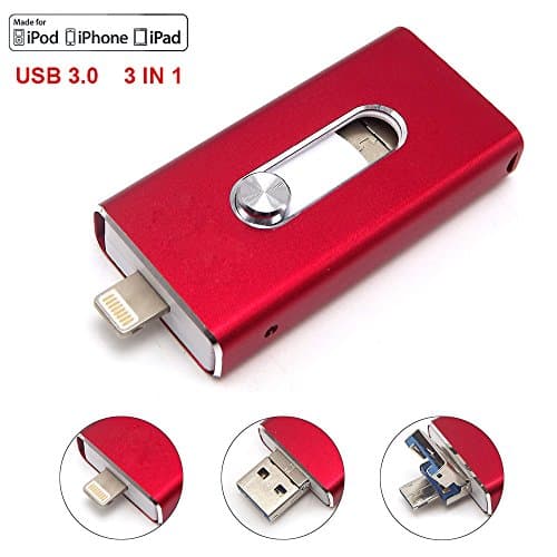 Escomdp USB 3.0 Flash Drives for iPhone 5 6 7 Plus, iPad iOS Lightning Apple Device, 3-in-1 Mobile Phone OTG Flash Memory Stick Storage Expansion for Android &amp; Computers (32GB, Red)