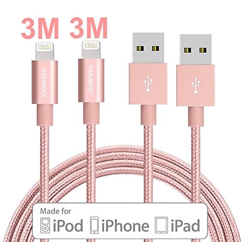 iPhone Charger, JOOMFEEN 2Pack 10ft/3m Lightning Cable Nylon Braided Extra Long Charging Cable USB Cord for Apple iphone 7/7 Plus/se/6s/6s plus/6 plus/6,5s/5c/5,iPad Mini/Air/Pro, iPod(Rose Gold)