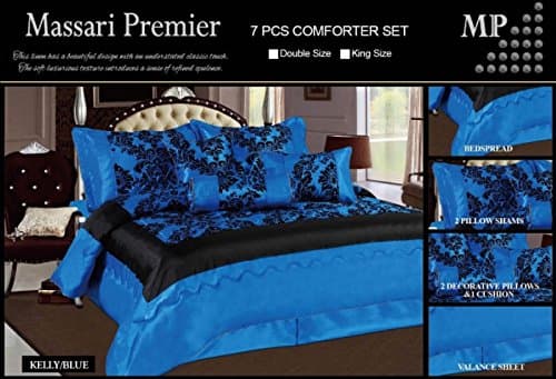 Kelly 7 Piece Damask Flock Quilted Bedspread Comforter Complete Bedding Duvet Set - Double & King Size (King Bed Size, Kelly Blue)