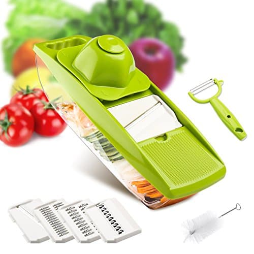 Mandoline Slicer - 5 in 1 Multi-function Food Slicer Vegetable choppers Fruit and Cheese Cutter with 5 Interchangeable Blades and Safety Food Holder, Best for Carrot, Cucumber, Cheese, Onions, Tomato, Potato