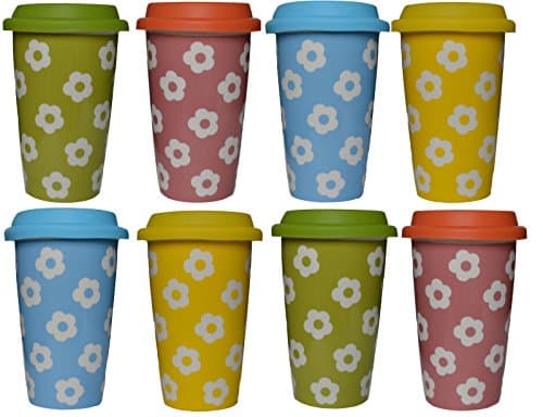 Double Walled Travel Ceramic Mug with Silicone Lid - Flower Pattern