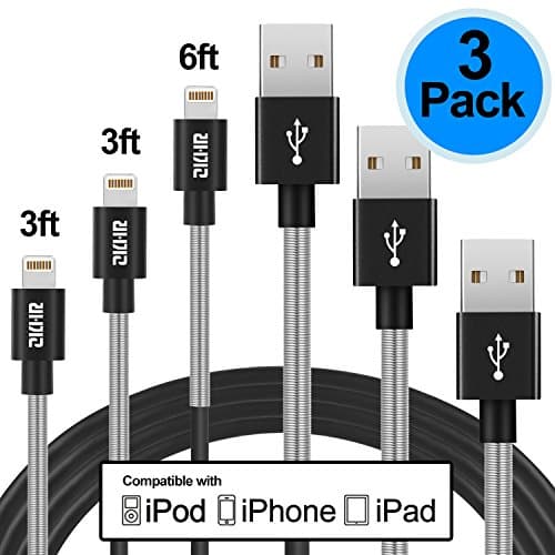 iPhone Lightning Cable, ZKHR iPhone Charger Cable 3Pack Spring Reinforced for iPhone8 7 Plus 6S Plus 6 Plus SE 5S 5C 5, iPad 2 3 4 Mini, iPad Pro Air 2, iPod (Space Black)