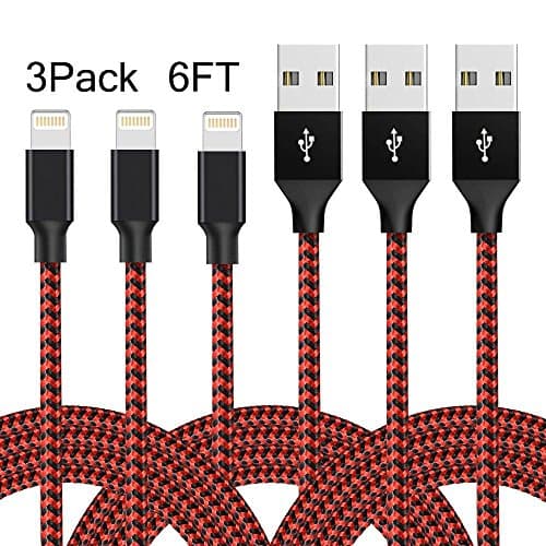 Lightning Cable, 3Pack 2m/6ft Extra Long Nylon Braided Apple iPhone Charger Cable Charging Lead Cord USB Wire for iPhone 7/7 Plus/6S Plus/6 Plus/5/5S/5C/SE,iPad Pro/Air/mini,iPod (Black Red)