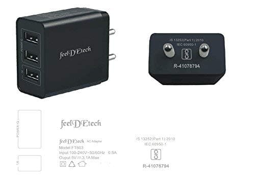 feelDEtech FT803 Fast Charging Three Port 3.1A Smart USB Wall Travel Charger Adapter Auto Detect Technology for All Android and iOS Devices