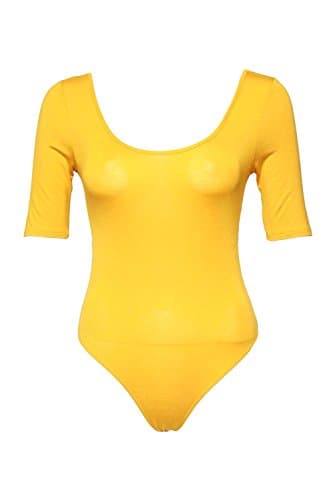MIDNIGHT LOVERS Womens Solid 3/4 Sleeve Scoop Neck Low Back Bodysuit Leotard (Mustard, Small)