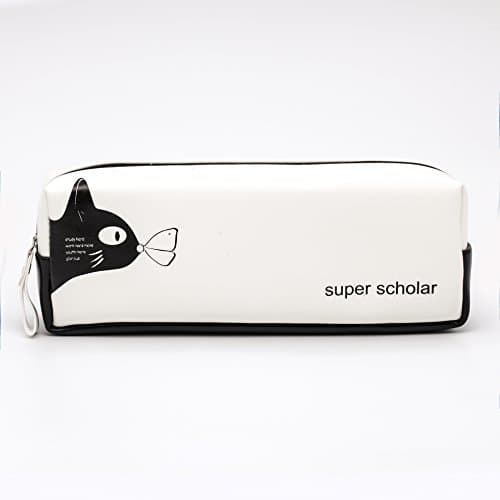 Leather White Muti-Functional Large Capacity PU Pen Pencil Case Travel Make-Up bags, Students Stationery Pouch Zipper bag, for Home, School, Office, Travel-Cats.