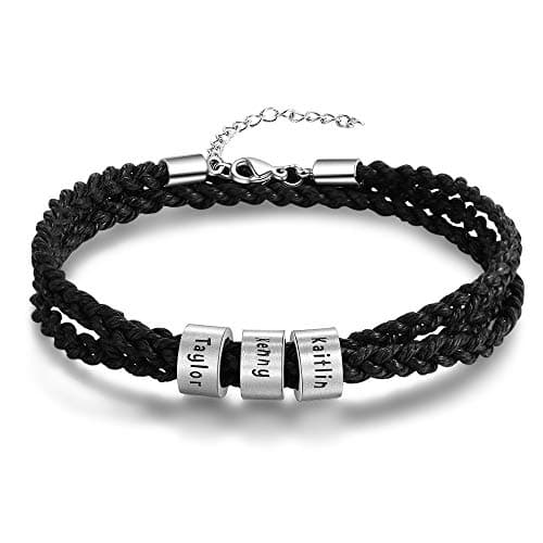 Personalized Mens Braid ID Bracelet with 2-5 Custom Beads Black Name Charm Bracelet for Men with Family Names