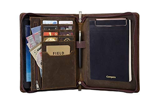 Retro Leather Portfolio Folder, A5 Size Document Clipboard Padfolio, Business Travel Carring Case for Women & Men (Custom, Dark Brown)