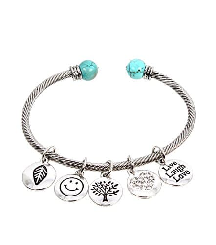 Antique Silver Tone Dangle Message Charm (Live,Laugh,Love,Tree of Life) Metal Cable Cuff Bracelet