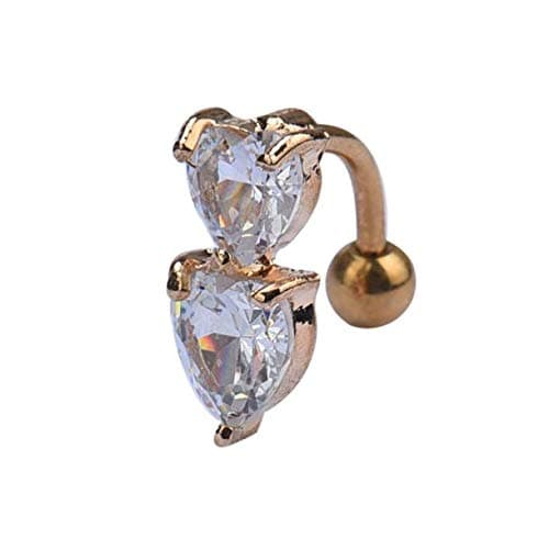 Peach Heart Button Reverse Crystal Bar Belly Ring Gold Piercing Button Navel Two Heart