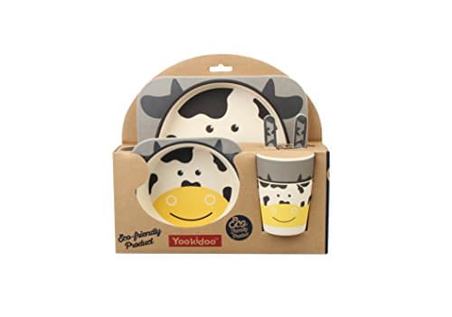 5 PC SET - Super Cute Animal Theme Kids Dinnerware Set - Eco-Friendly Bamboo - BPA Free (Multiple Designs) (Cow)