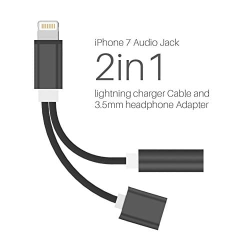 Lightning to 3.5mm Headphone Bluetooth Jack Audio Adapter 2 in 1 Aluminum Lightning Adapter Lightning Headphone Audio and Charger Adapter for iPhone 7 /7 Plus /8 /8 Plus /X ，iPhone 7 Adapter, Black