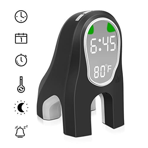 Digital Alarm Clock with night light,Snooze,Two alarm set and Seven different bells,Sound Control,Dual time(12/24）Mode,Miorr,Cute Design Chargeable Temperature Digital Clock for Kids Bedroom (Black)