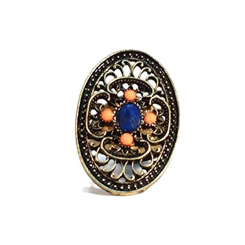 Orange & Blue Bling Statement Art Deco Brass Ring, Repurposed Jewelry, Large, Adjustable