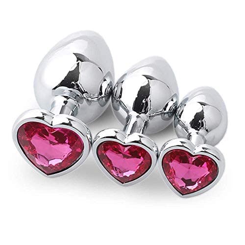 3 Pcs 3 Size Round Heart Shaped A-n-A l P l u-G s Stainless Steel Jeweled Beginner Waterproof Massager Silver Metal Butt Trainer Toys
