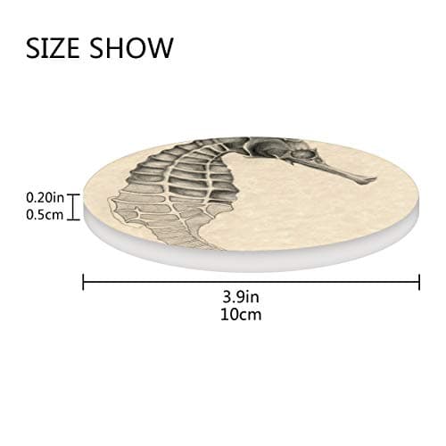 4 Pieces Absorbent Stone Coasters for Drink, Round Coasters Set with Vintage Seahorse Hand Drawn