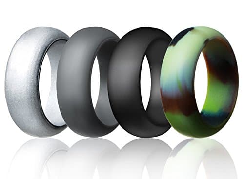 Silicone Wedding Ring Band for Men-4 Pack-Safe Flexible Comfortable Medical Grade Love Rings- Fit for Sports, Outdoor(Silver, Grey, Black, Camo 11)