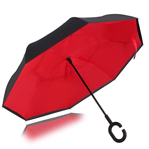 Strawberry Double Layer Wind-Proof, UV Proof Reverse Folding Inverted Umbrella Travel Umbrella with 'C' Shape Handle and Carrying Bag, Red