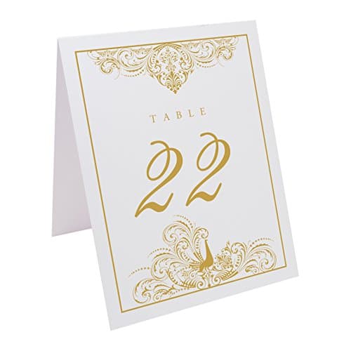 Peacock Flourish Table Numbers, White, Gold, Numbered 1 through 20
