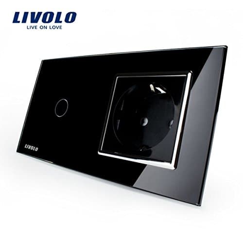 Livolo Black Glass Touch Switch With EU Wall Socket VL-C701-12/VL-C7C1EU-11