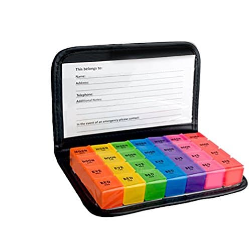 Rainbow Weekly 28 Compartments Pill Organizer with Snap Lids 7-Day Detachable Compartments for Pills, Vitamin. (Black Leather)