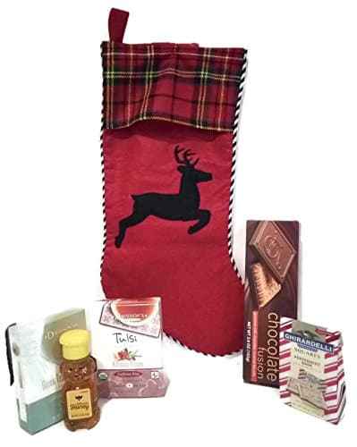 Tea Lover's Stocking Bundle: 6 Items - 1 19 in. Red Stocking, 1 8-Bag Green Tea Garden, 1 8-Bag Hibiscus Flower Tea, 1 4.2 oz. Pure Honey, 1 3.6 oz Chocolate Covered Biscuit, 1 .83 oz Peppermint Bark
