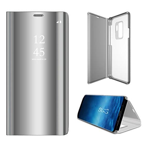 For Samsung Galaxy S9 Plus Case Luxury Clear View Standing Mirror Flip PC Cover Shell with Smart Sleep / Wake Up Function for Women Men 6.2 inch 2018 - PC and PU Leather (Silver)