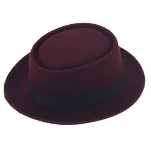 ZHENXIA Vintage Hard Felt Wool Pork Pie Hat Flat Top Rocker Bowler Cap (Wine)