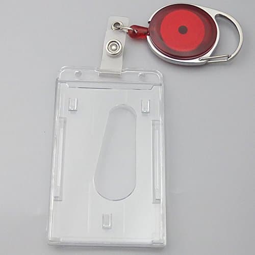 Bluemoona One Pcs - Vertical Style2 ID Hard Plastic Card Holder Business Stronghold Shielded + Oval Badge Reels Retractable Pick (Clear Red)
