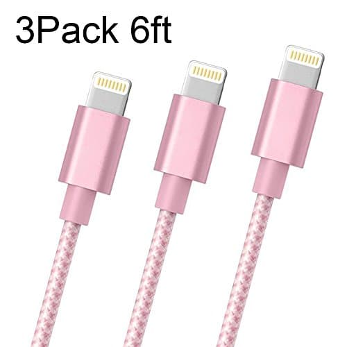 Koharu Lightning Cable,3Pack 6FT Nylon Braided iPhone Cable Cord Certified to USB Charging Charger for iPhone 7/7 Plus/6/6 Plus/6S/6S Plus,SE/5S/5,iPad,iPod Nano 7 (Pink&amp;White)